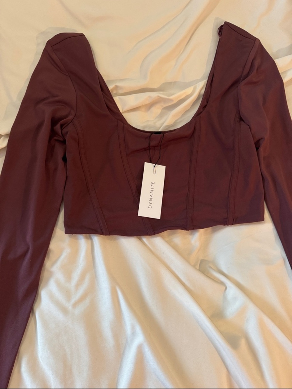 Dynamite Deep Wine Scoop-Neck Long Sleeve Crop Top